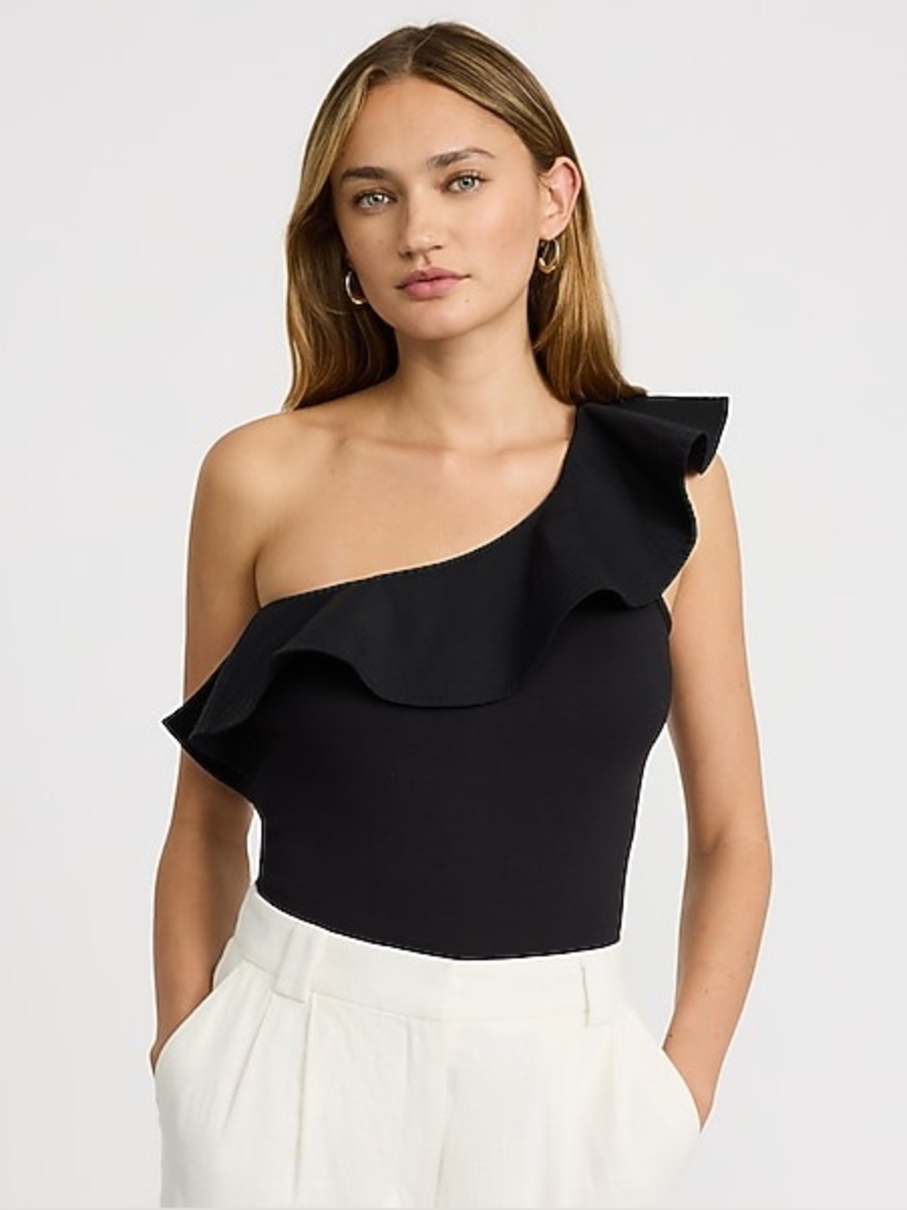 Express Black One-Shoulder Ruffle Ribbed Top